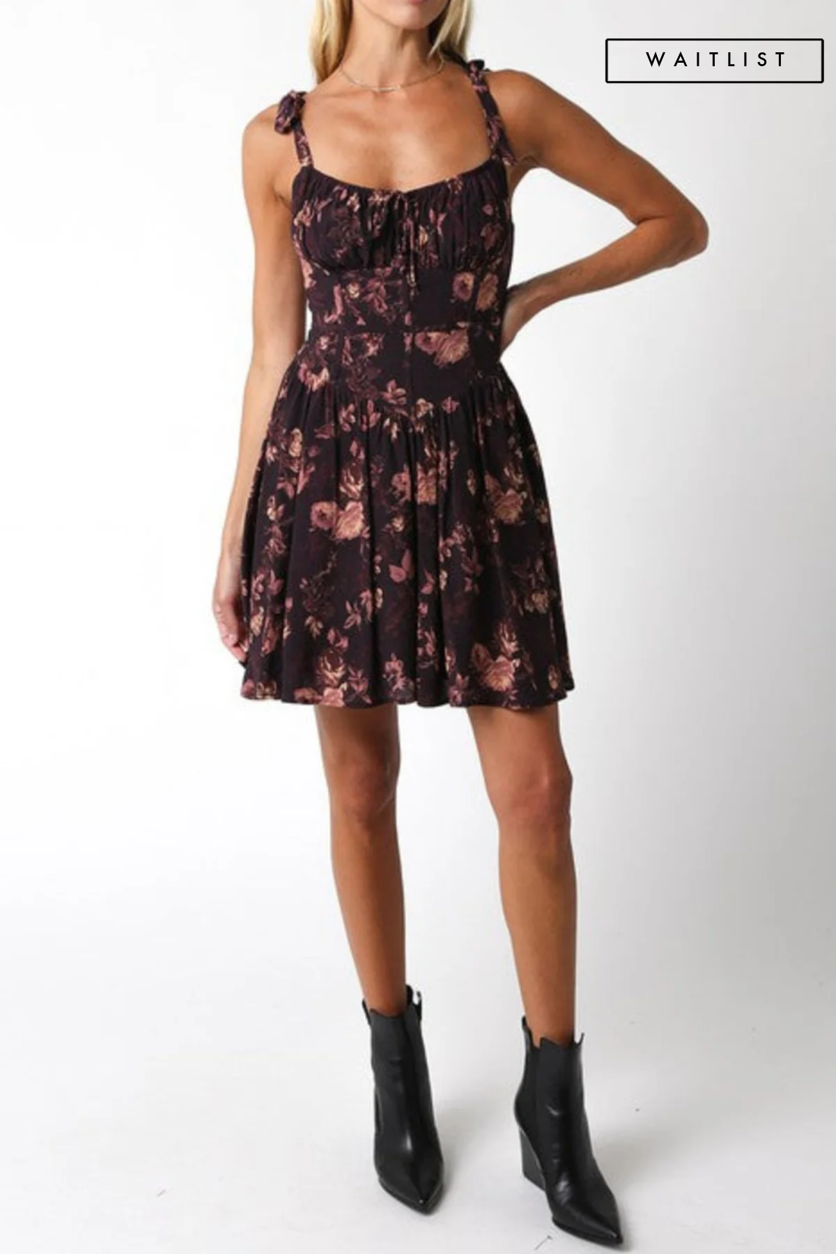 Waitlist 8/25 ♥ Cecilia Sleeveless Shoulder Tie Floral Print Mini Dress Brown