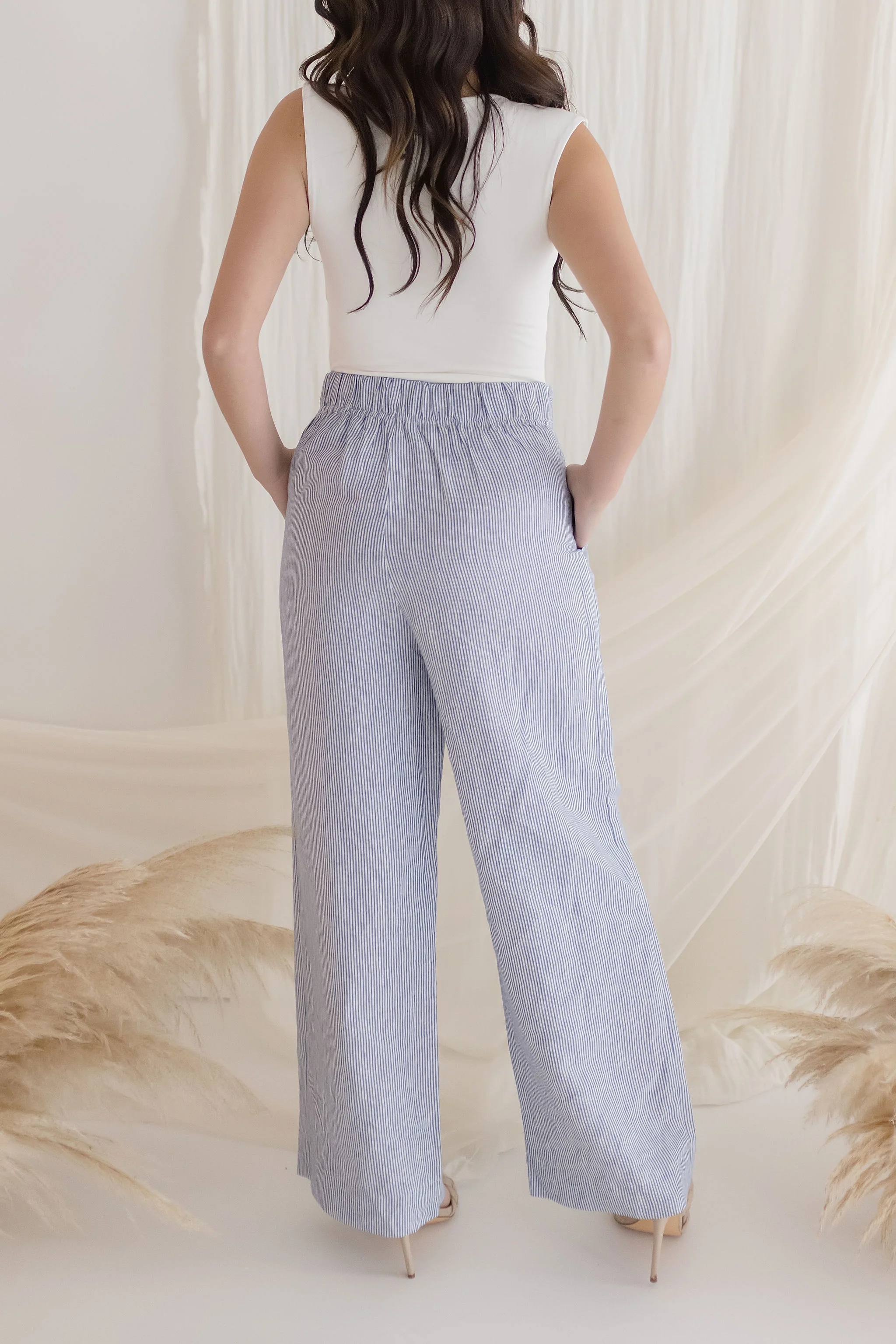 Julie Stripe Print Wide Leg Linen Pants Blue