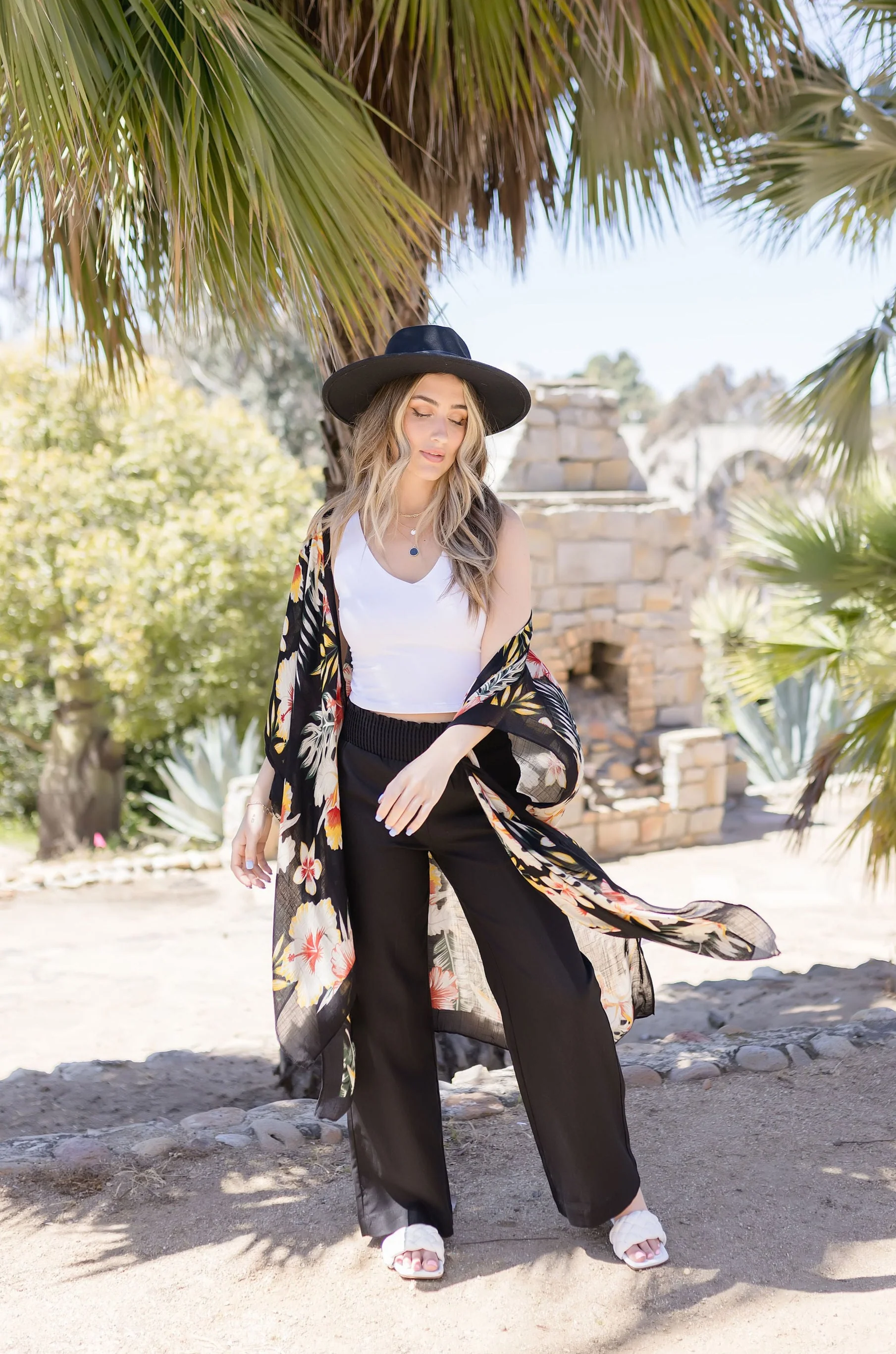 Jessie Smocked Waist Linen Wide Leg Pants Black