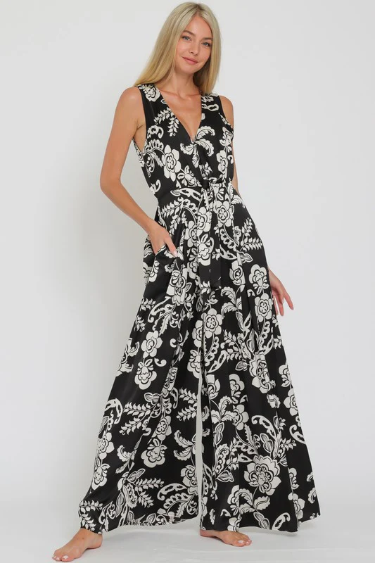 Waitlist 9/2 ♥ Andrea Sleeveless Front Tie Floral Print Wide Leg Jumpsuit Black