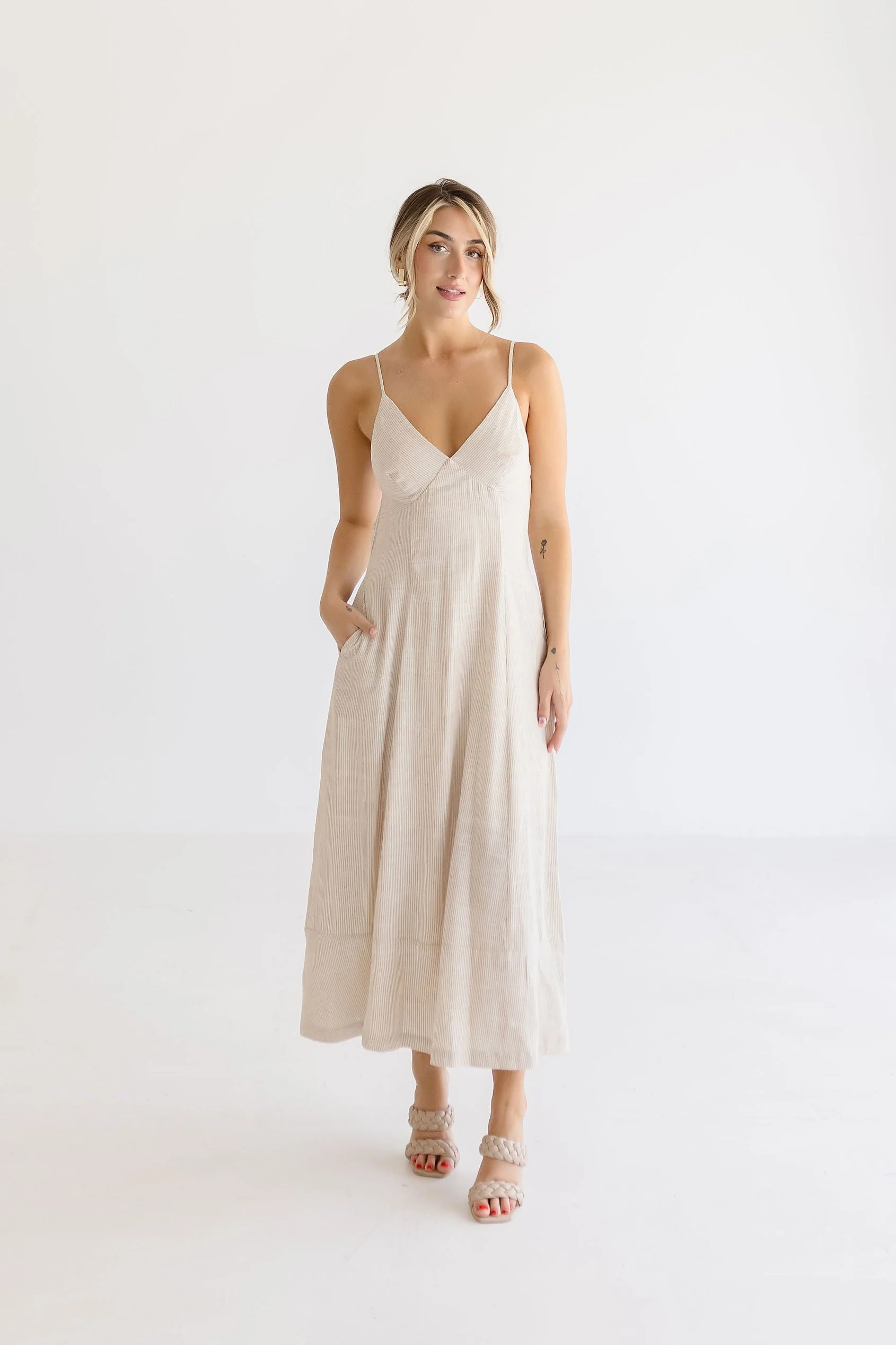 Britton Sleeveless Open Back Stripe Linen Maxi Dress Taupe