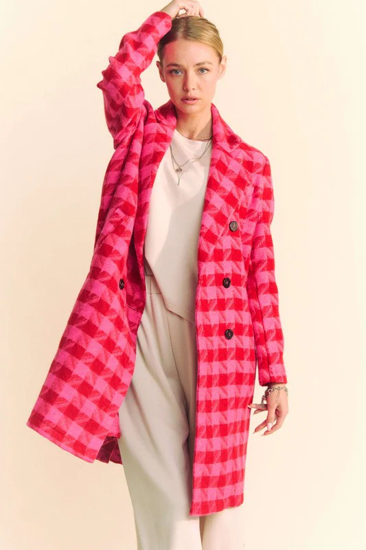 Waitlist 10/9 ♥ Madison Long Sleeve Houndstooth Print Tweed Coat Pink