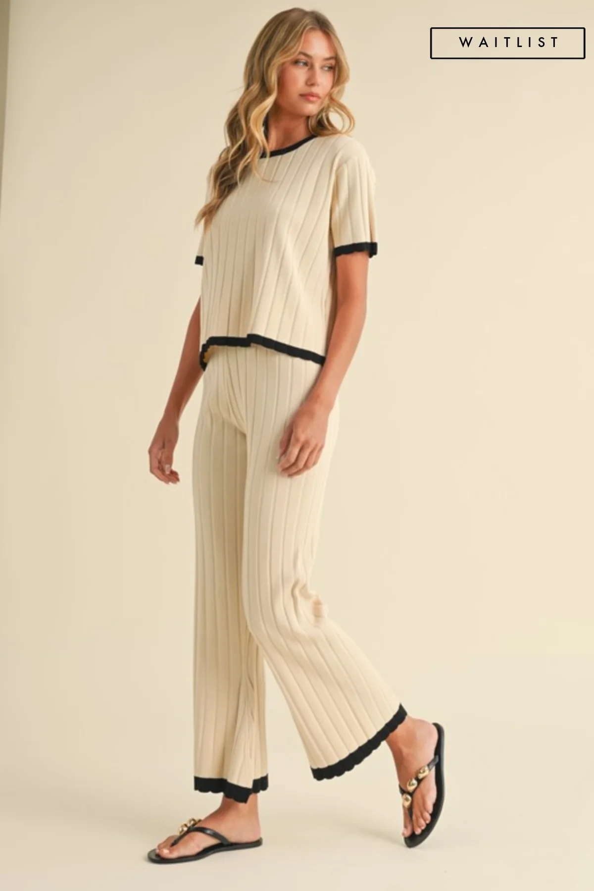 Waitlist 10/16 ♥ Belle Short Sleeve Ribbed Sweater Top And Pants Set Cream