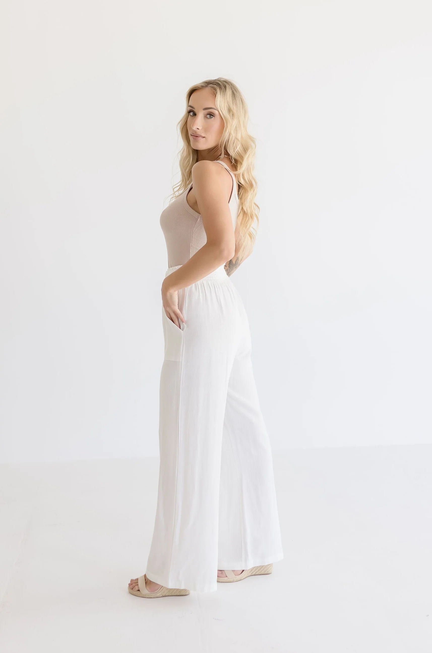 Anne Drawstring Linen Wide Leg Pants White