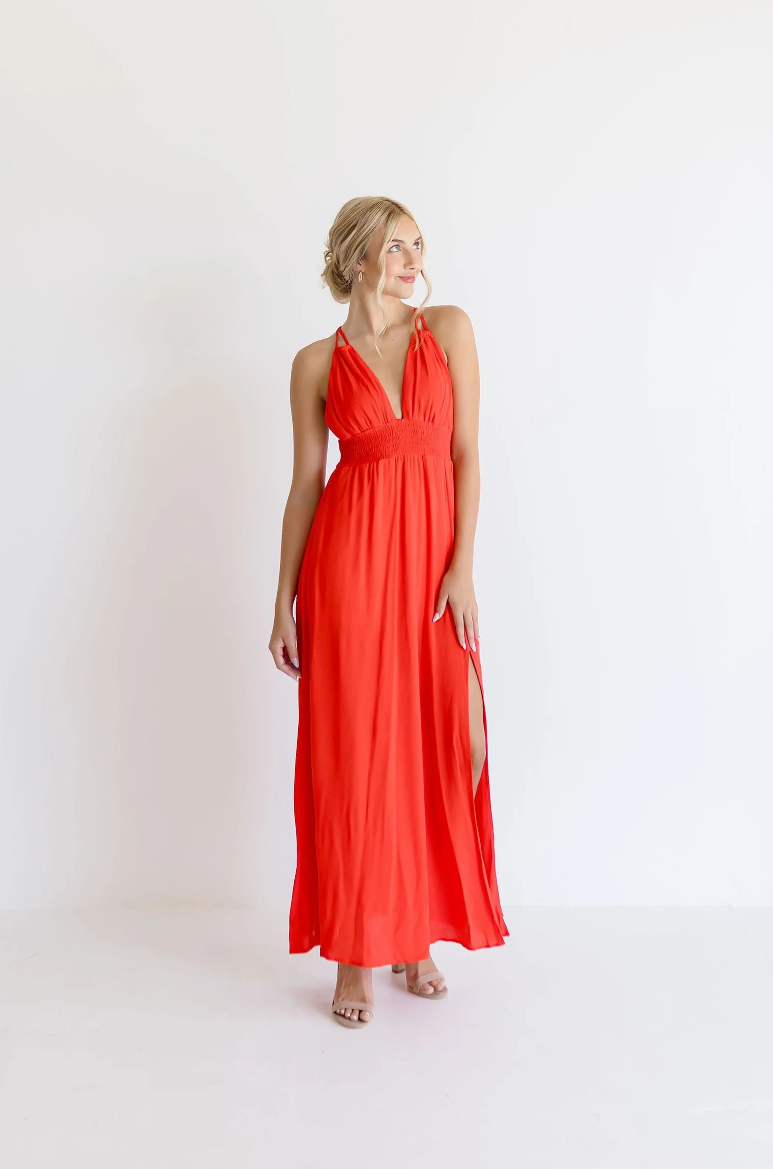 Astrid Open Back Halter Tie Maxi Dress Red