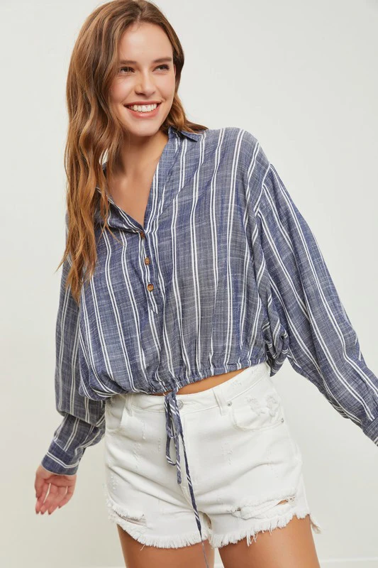 Colleen Long Sleeve Drawstring Stripe Print Top Blue