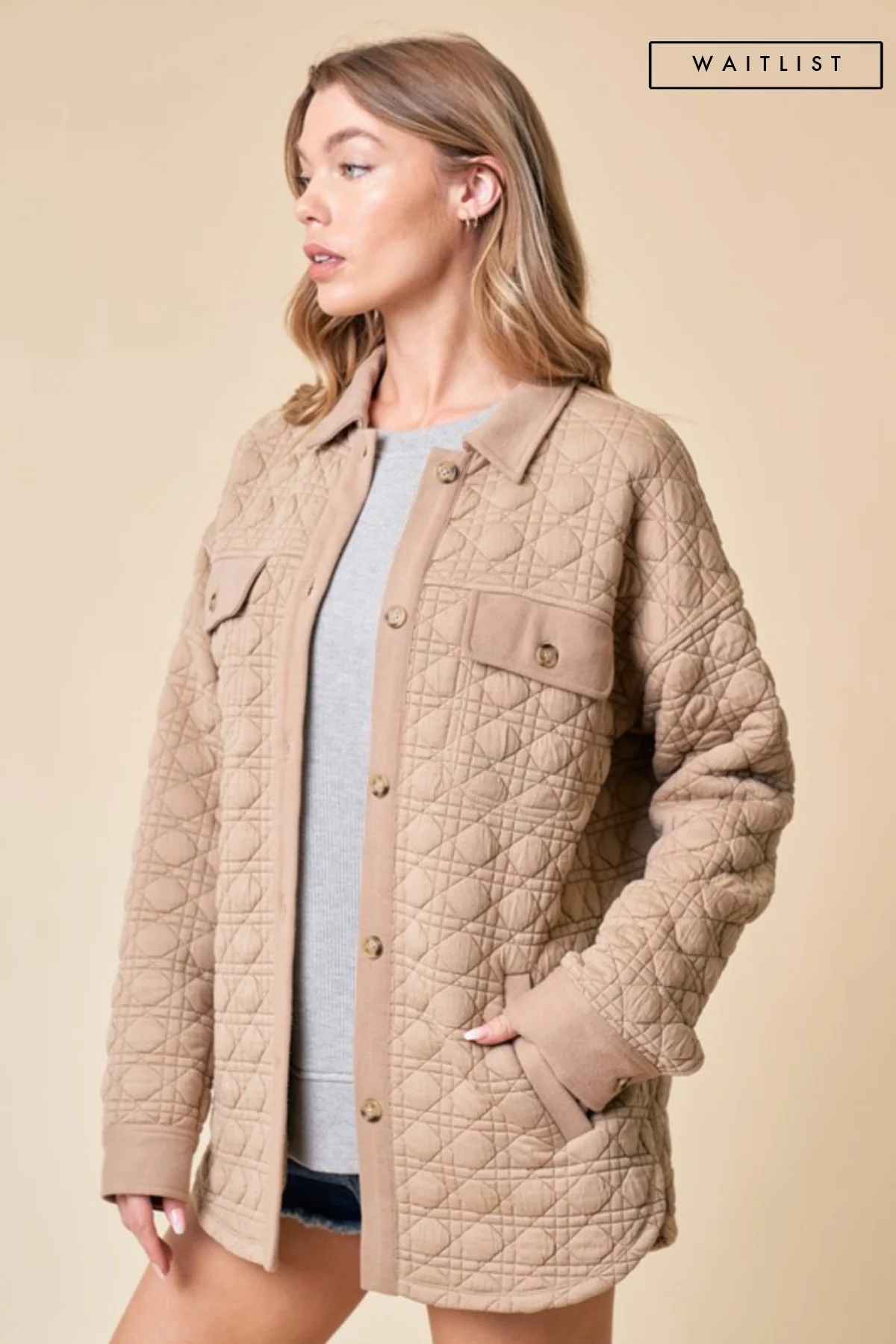 Waitlist 9/8 ♥ Jacie Long Sleeve Button Down Quilted Jacket Taupe