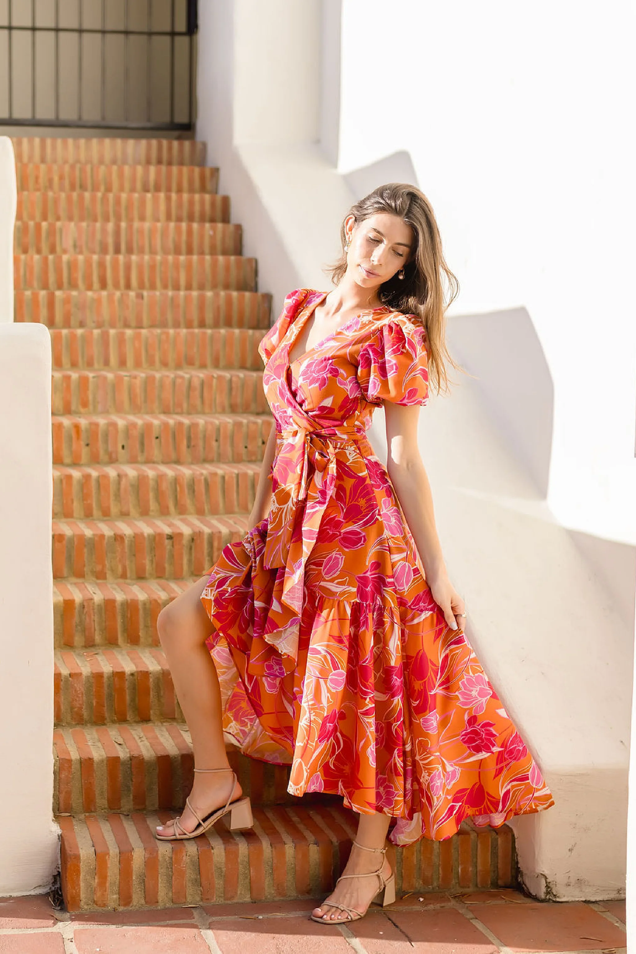 Chelsea Short Puff Sleeve Floral Print Wrap Maxi Dress Orange
