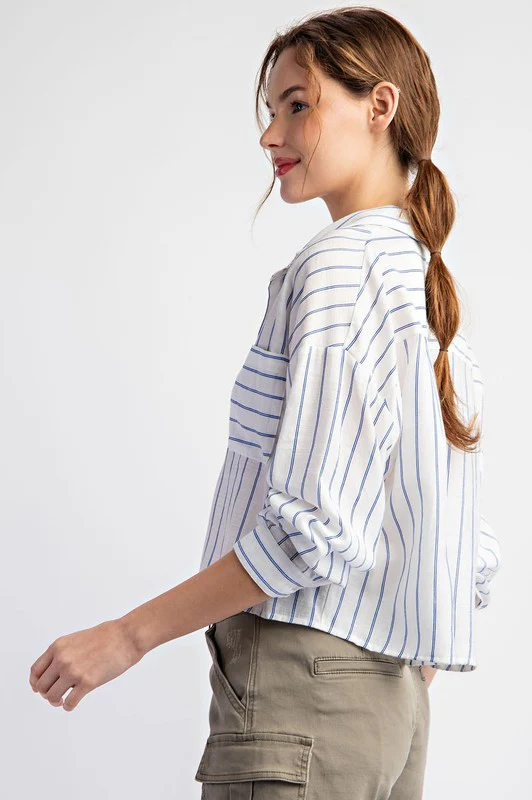 Hadley Long Sleeve Button Down Stripe Print Crop Top Blue