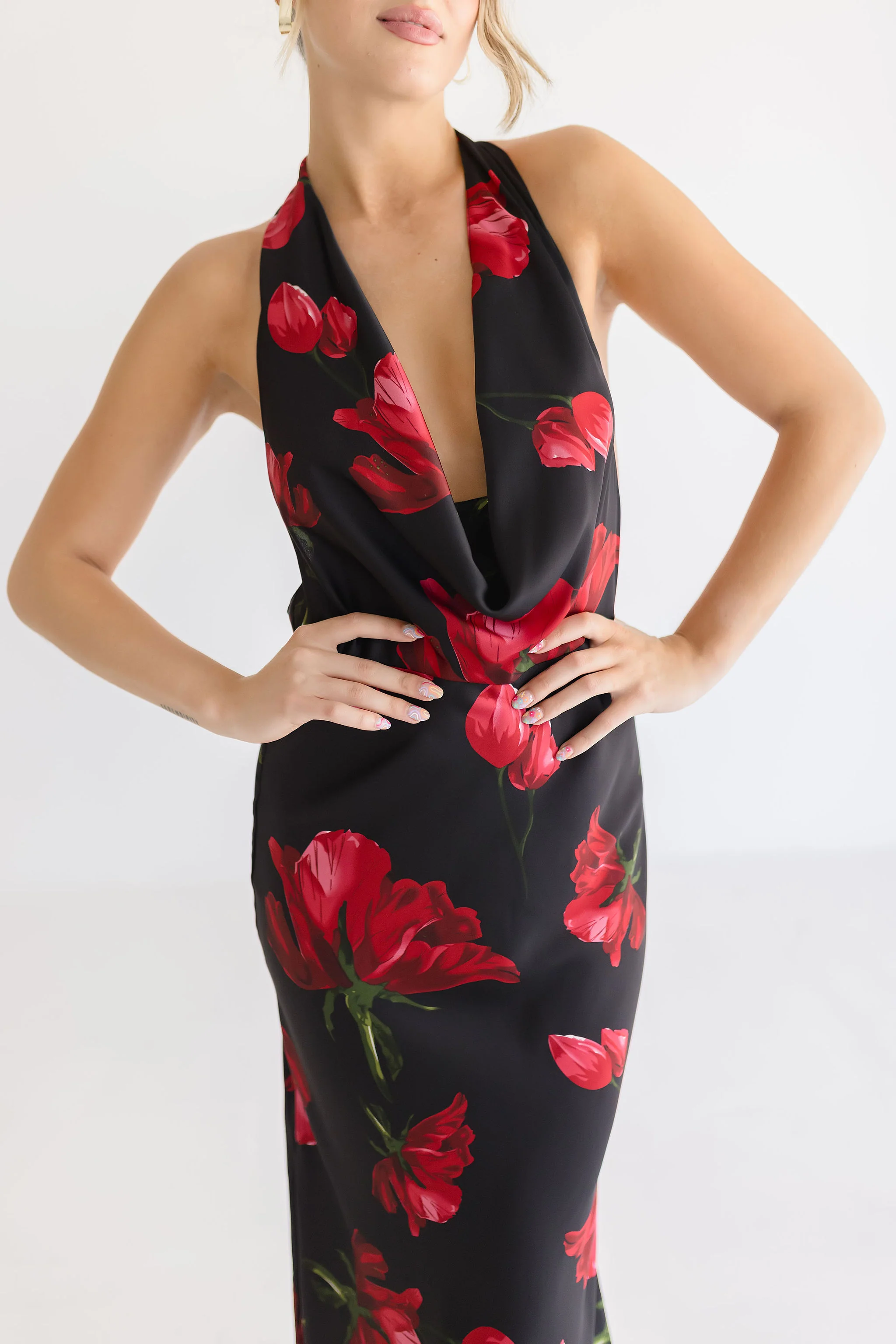 Cher Open Back Halter Tie Floral Print Maxi Dress Black