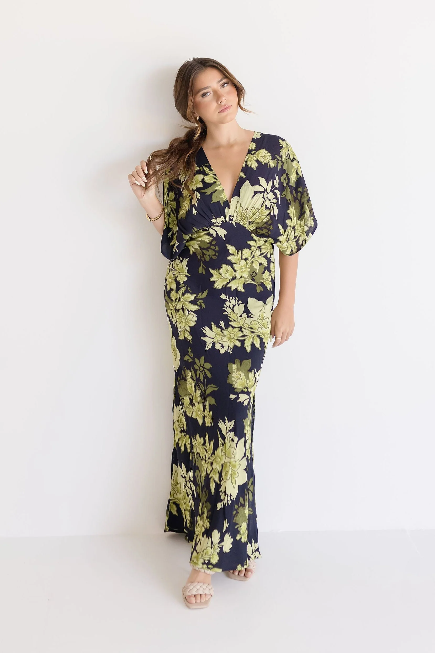 Ryker Kimono Sleeve Floral Print Maxi Dress Black