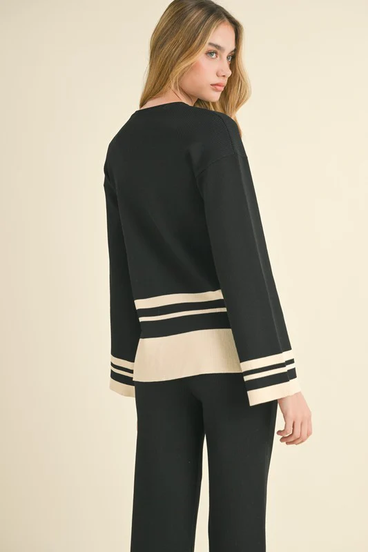 Waitlist 10/16 ♥ Beverly Long Sleeve Stripe Sweater Top And Pants Set Black