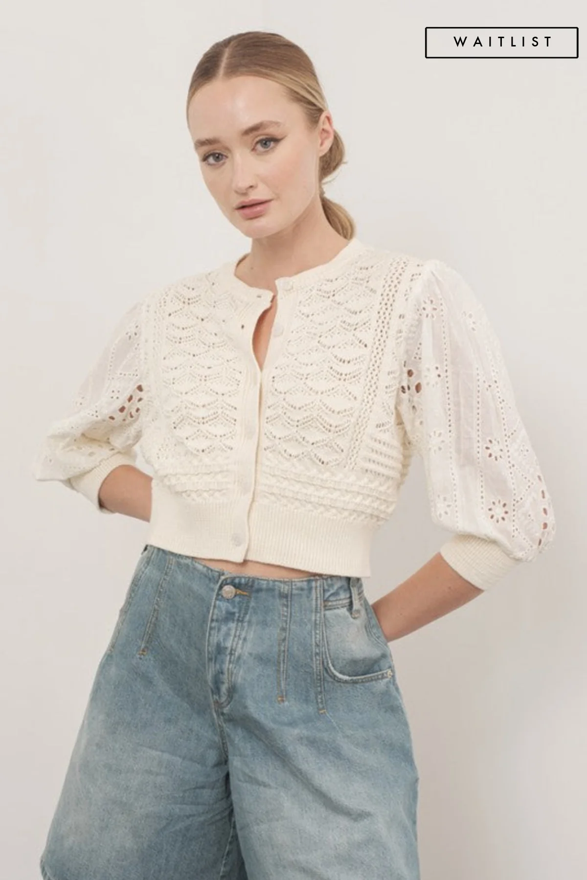 Waitlist 9/5 ♥ Paige 3/4 Sleeve Crochet Cardigan Sweater Top Cream
