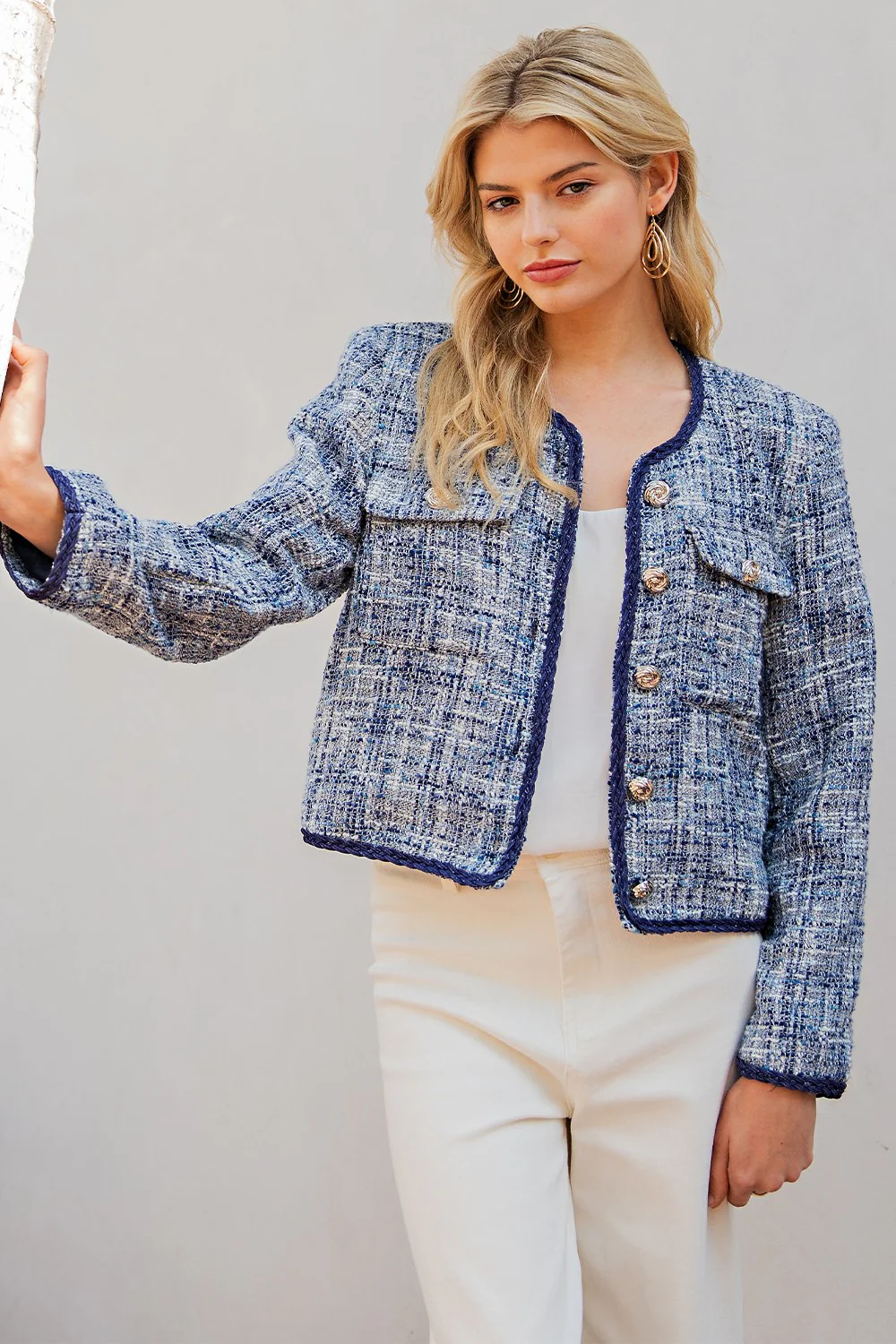 Steph Long Sleeve Tweed Button Down Jacket Blue