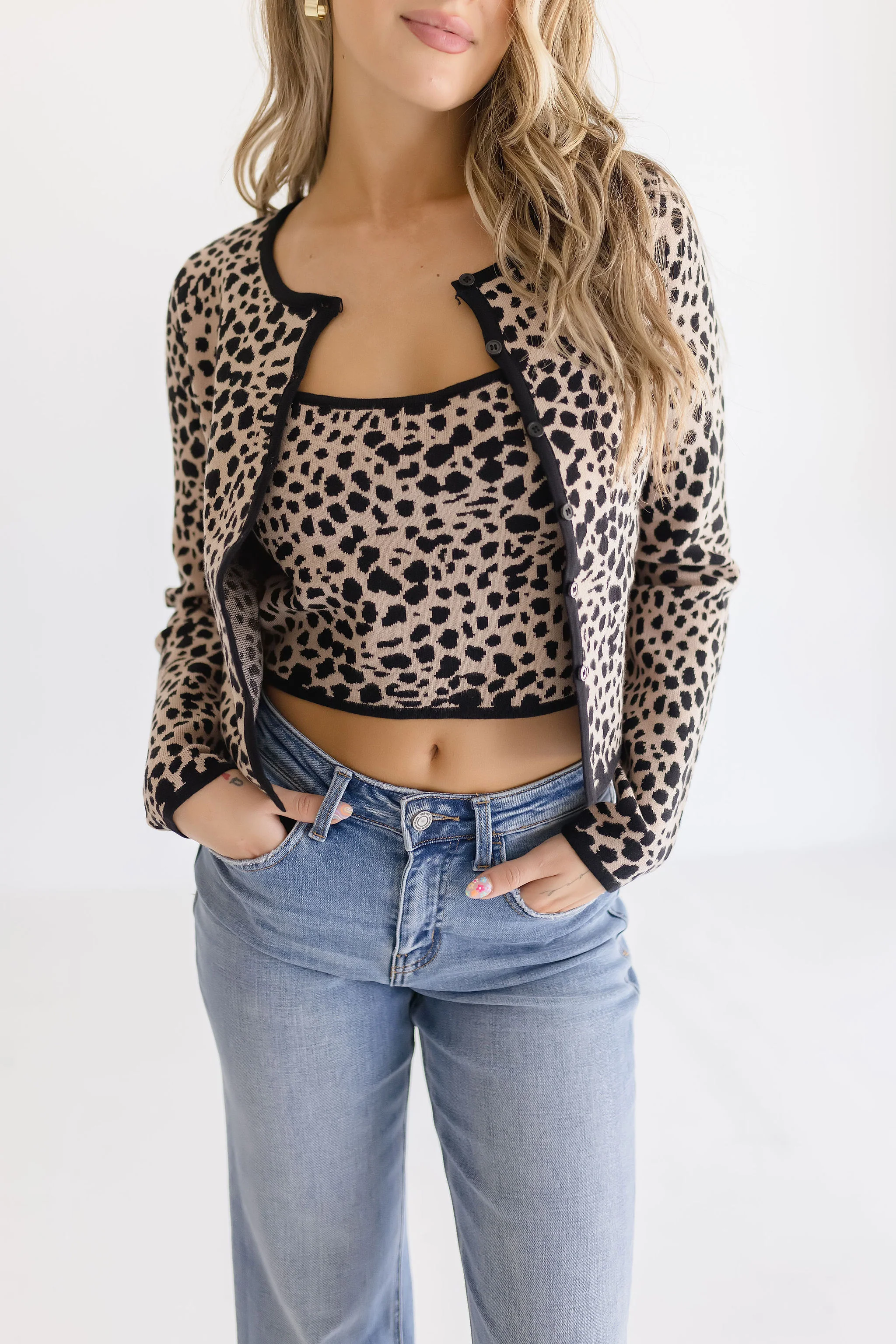 Andi Leopard Print Cami And Cardigan Set Khaki