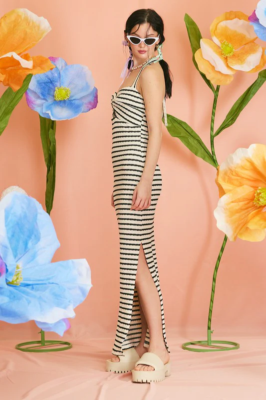 Brooke Sleeveless Halter Tie Stripe Print Knit Maxi Dress Black