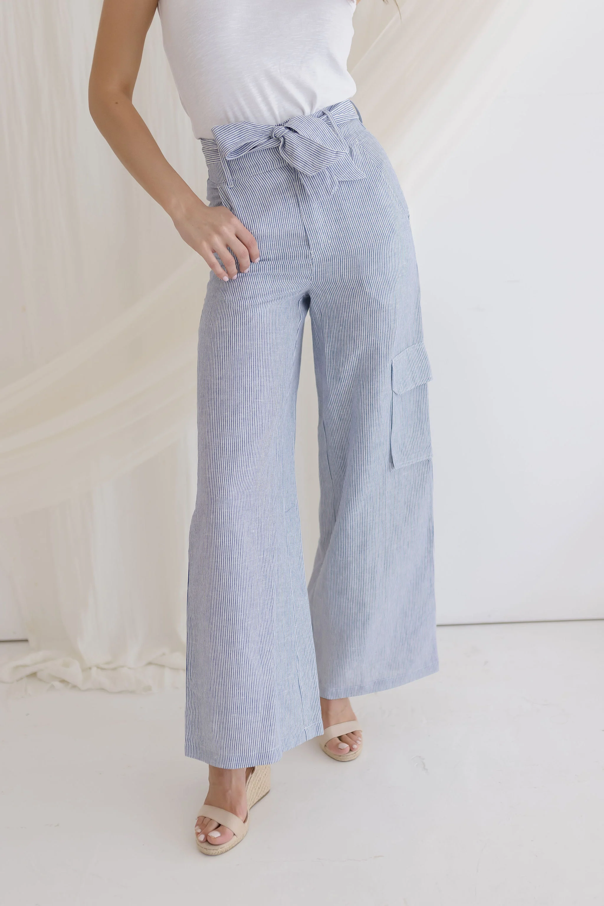 Lori Stripe Print Wide Leg Linen Cargo Pants Blue
