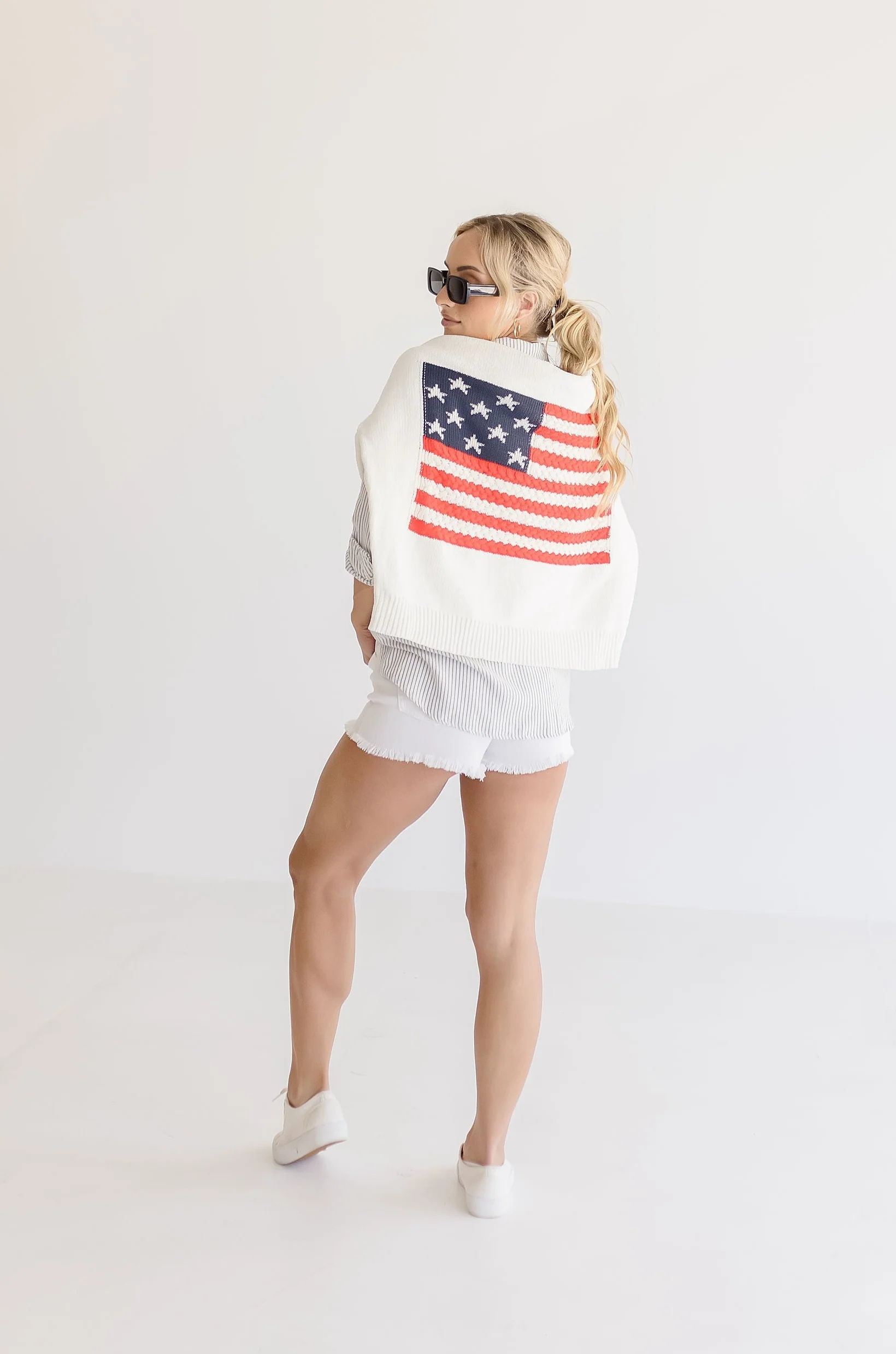 America Flag Print Long Sleeve Sweater Top White