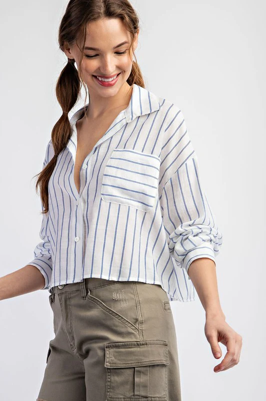 Hadley Long Sleeve Button Down Stripe Print Crop Top Blue