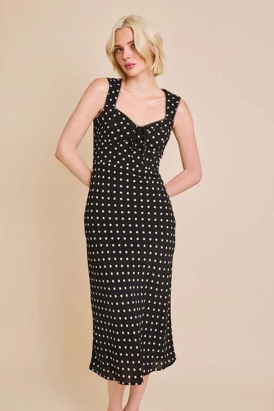 Waitlist 10/5 ♥ Ellen Sleeveless Bustier Polka Dot Print Midi Dress Black