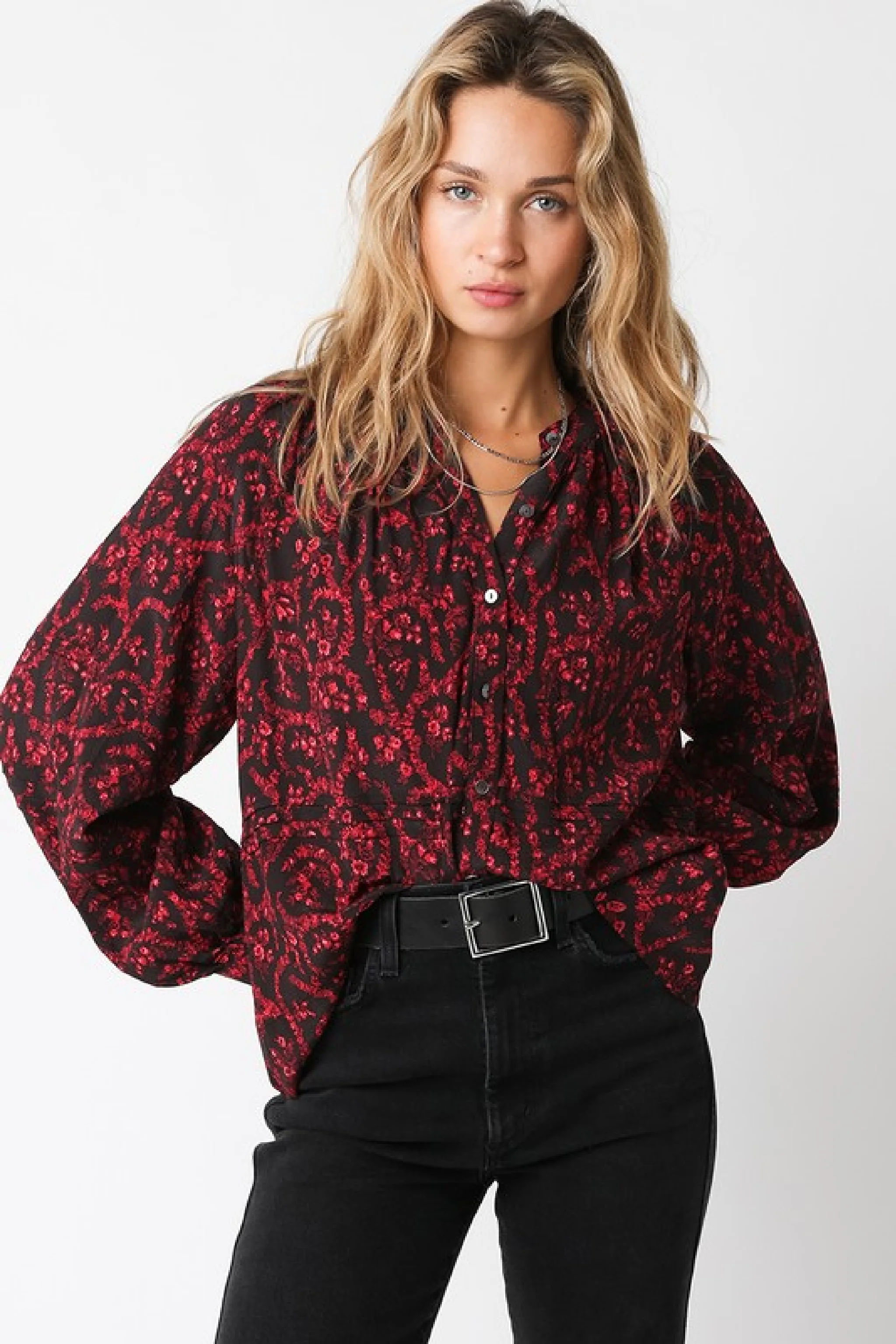Waitlist 9/4 ♥ Angelina Long Sleeve Abstract Print Top Red