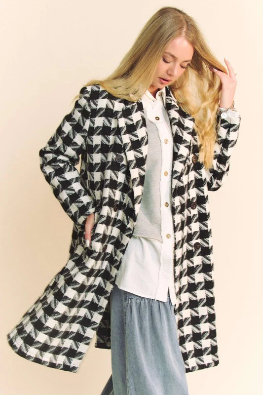 Watilist 9/18 ♥ Madison Long Sleeve Houndstooth Print Tweed Coat Black