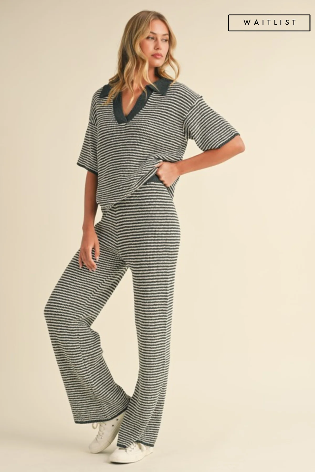 Waitlist 10/16 ♥ Arlene Short Sleeve Stripe Sweater Top And Pants Set Hunter Green