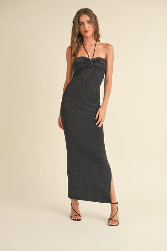 Waitlist 8/31 ♥ Dani Sleeveless Halter Tie Knit Maxi Dress Black