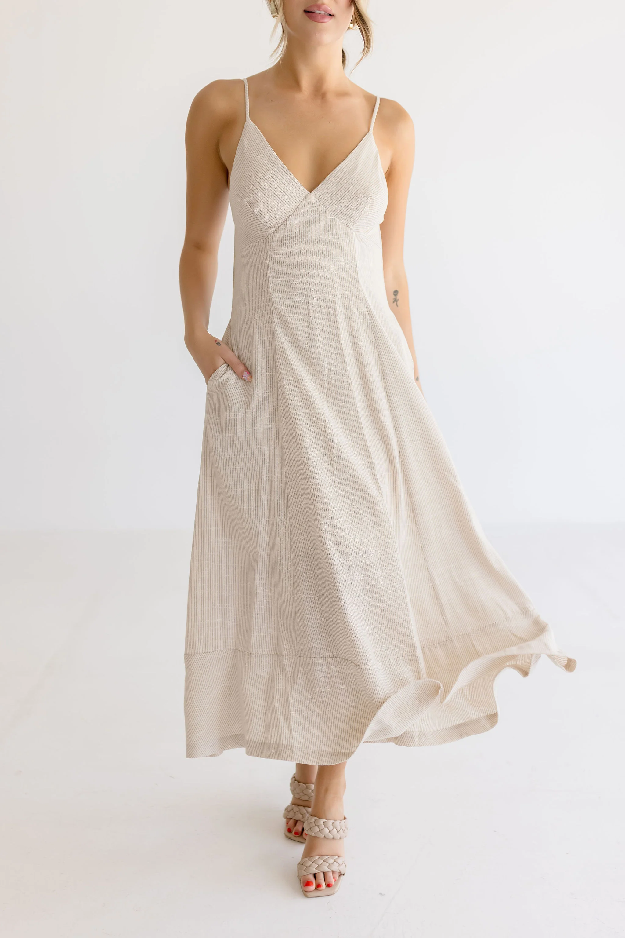 Britton Sleeveless Open Back Stripe Linen Maxi Dress Taupe