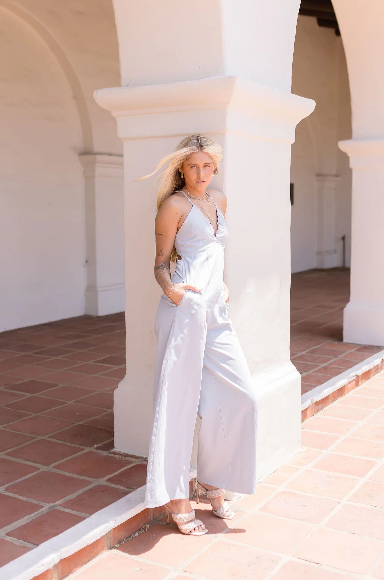 Leanna Sleeveless Criss Cross Back Denim Jumpsuit Blue