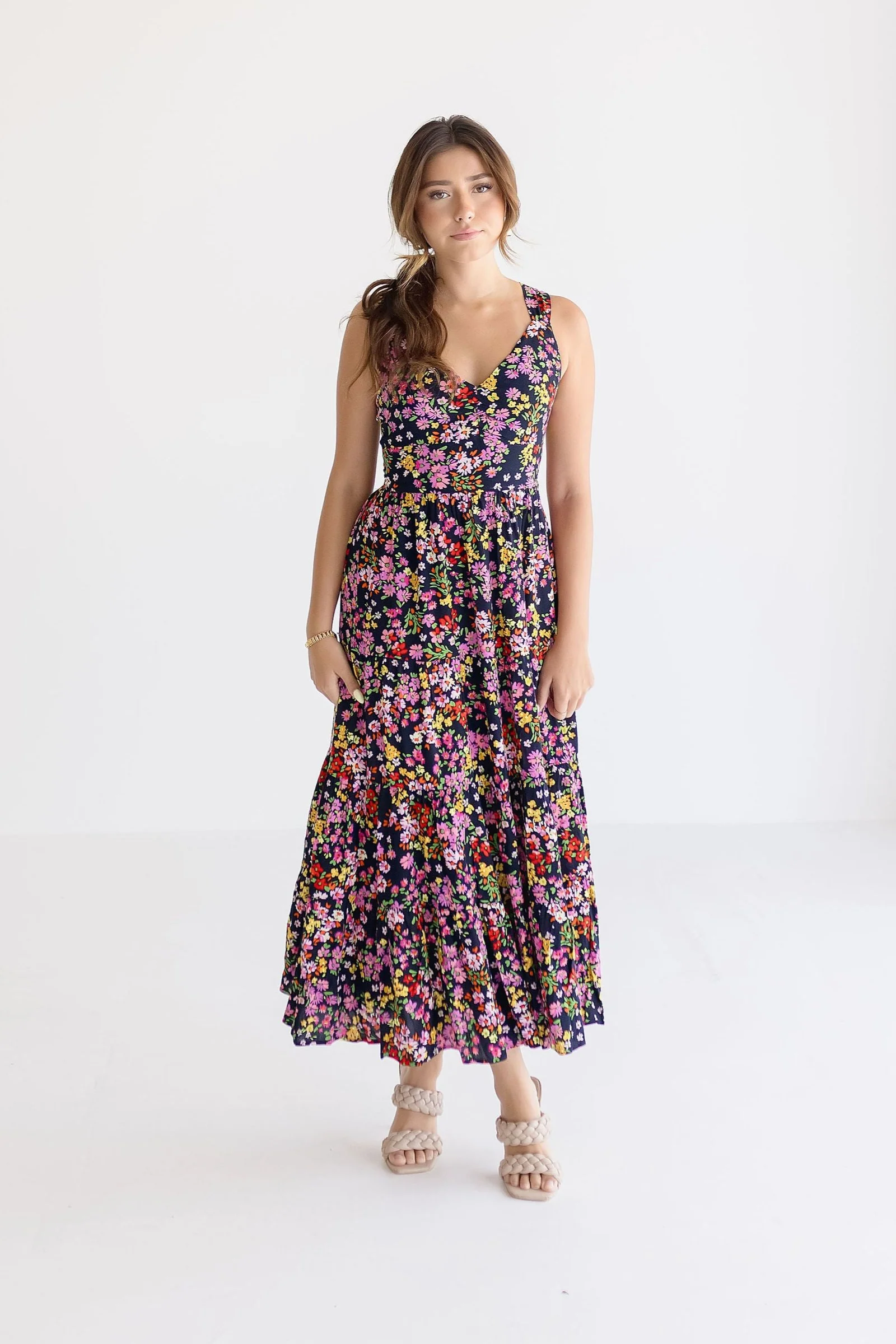 Lola Floral Print Back Tie Midi Dress Navy