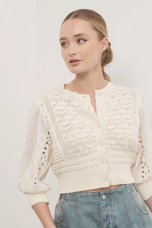 Waitlist 9/5 ♥ Paige 3/4 Sleeve Crochet Cardigan Sweater Top Cream
