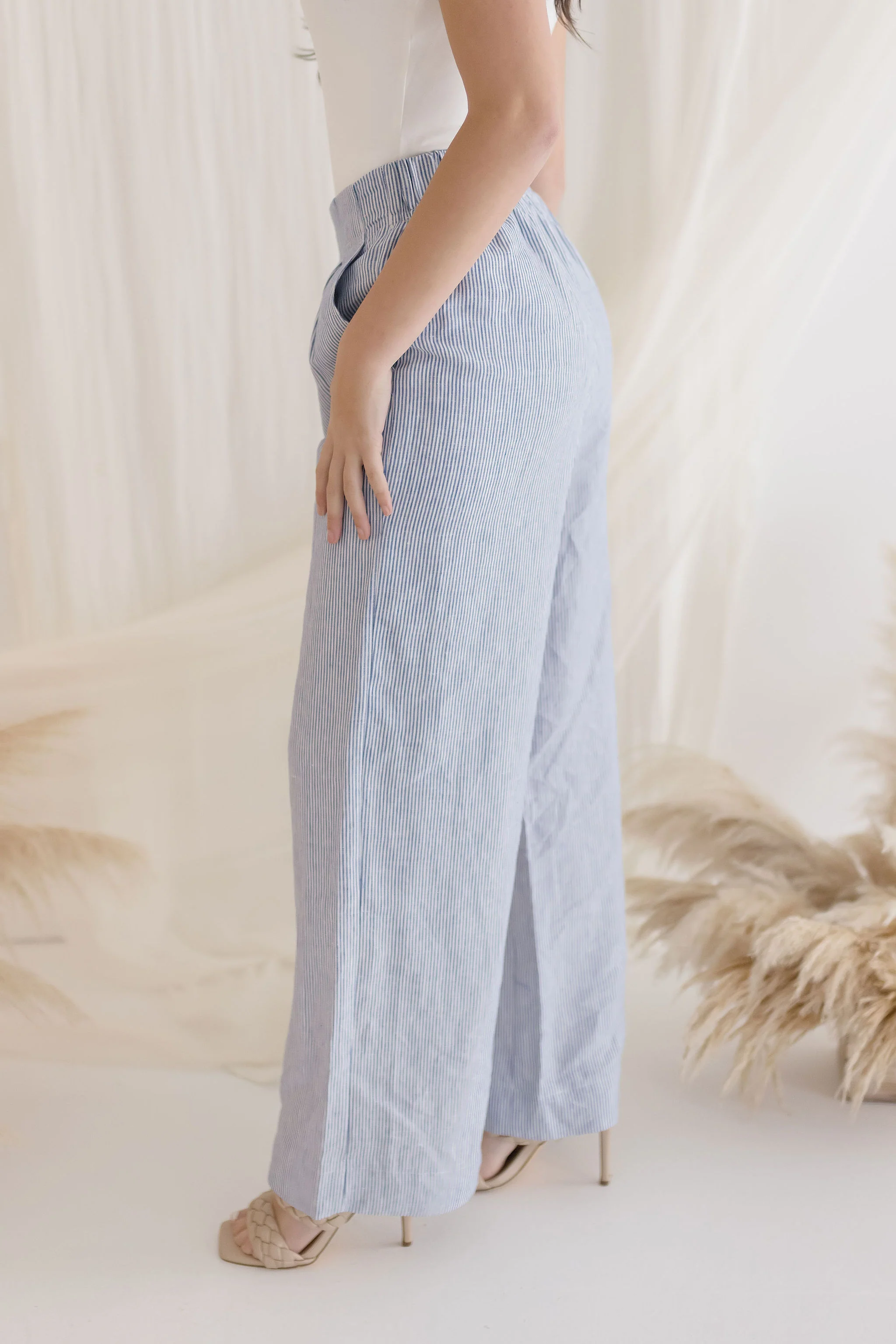 Julie Stripe Print Wide Leg Linen Pants Blue