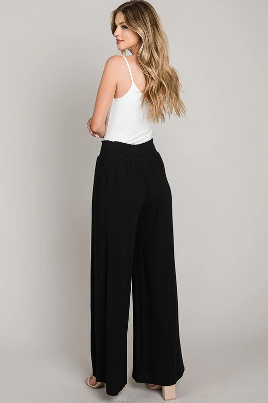 Anne Drawstring Linen Wide Leg Pants Black