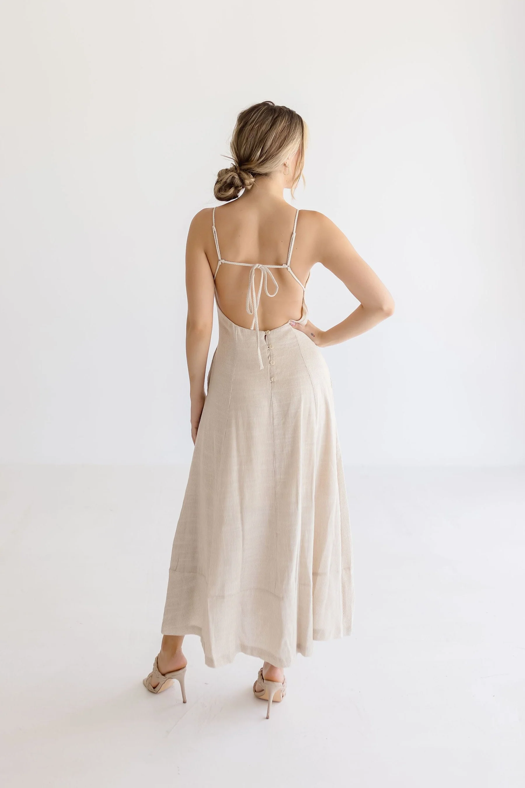 Britton Sleeveless Open Back Stripe Linen Maxi Dress Taupe