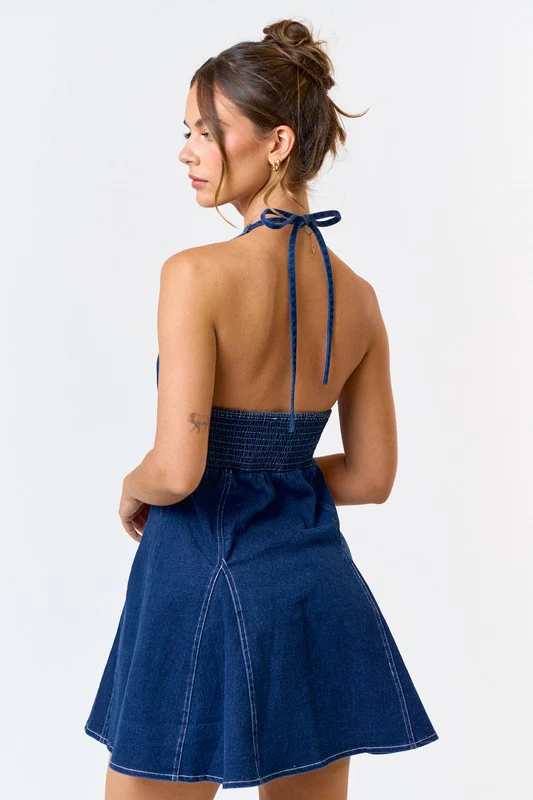 Anita Sleeveless Halter Denim Mini Dress Dark Wash