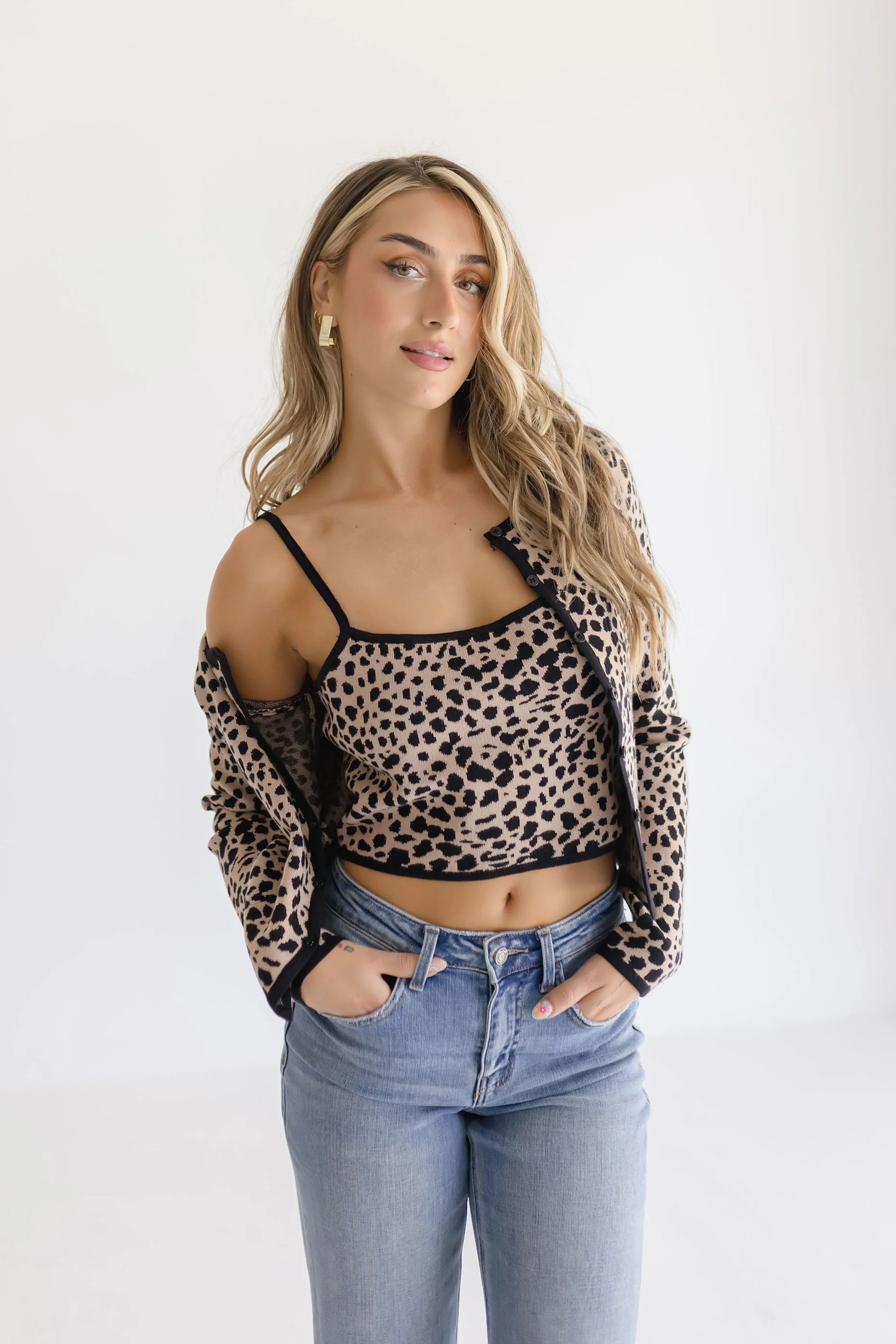 Andi Leopard Print Cami And Cardigan Set Khaki
