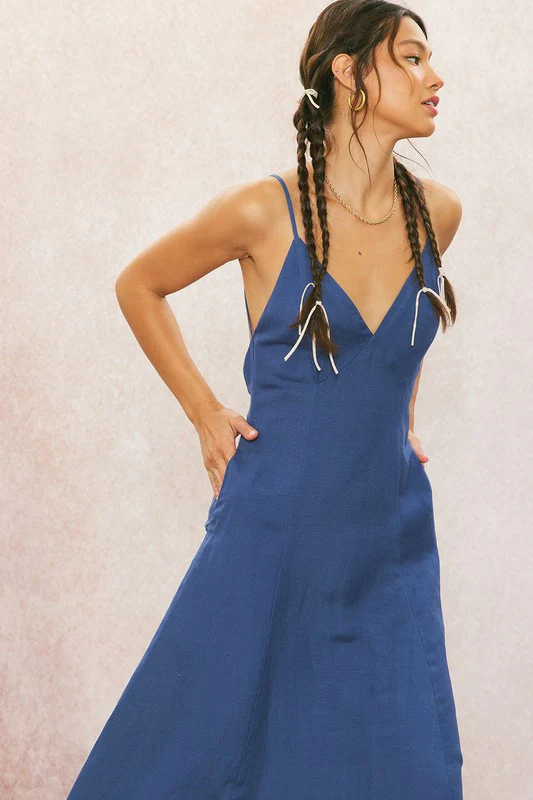 Britton Sleeveless Open Back Linen Maxi Dress Navy