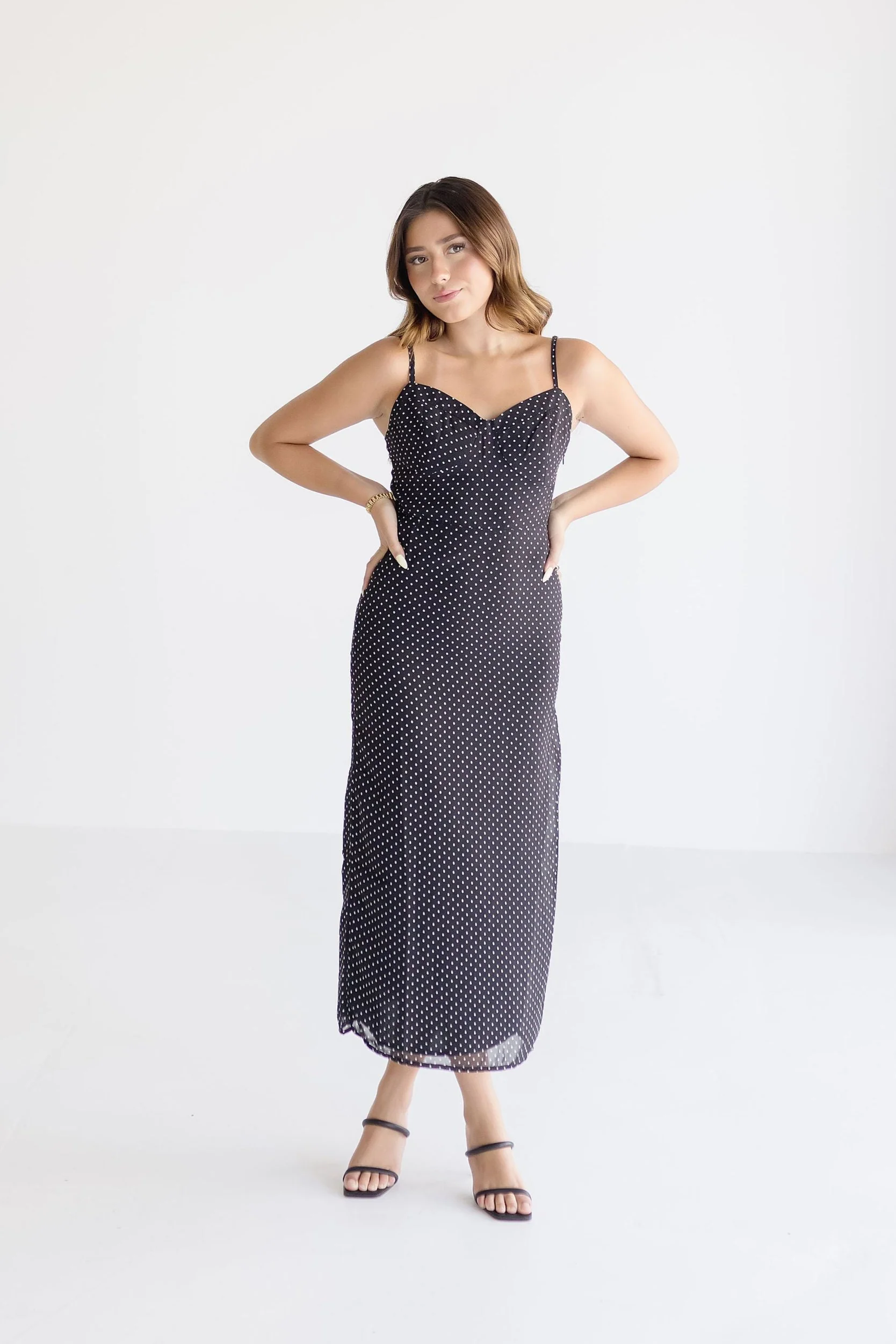 Eden Sleeveless Polka Dot Print Midi Dress Black