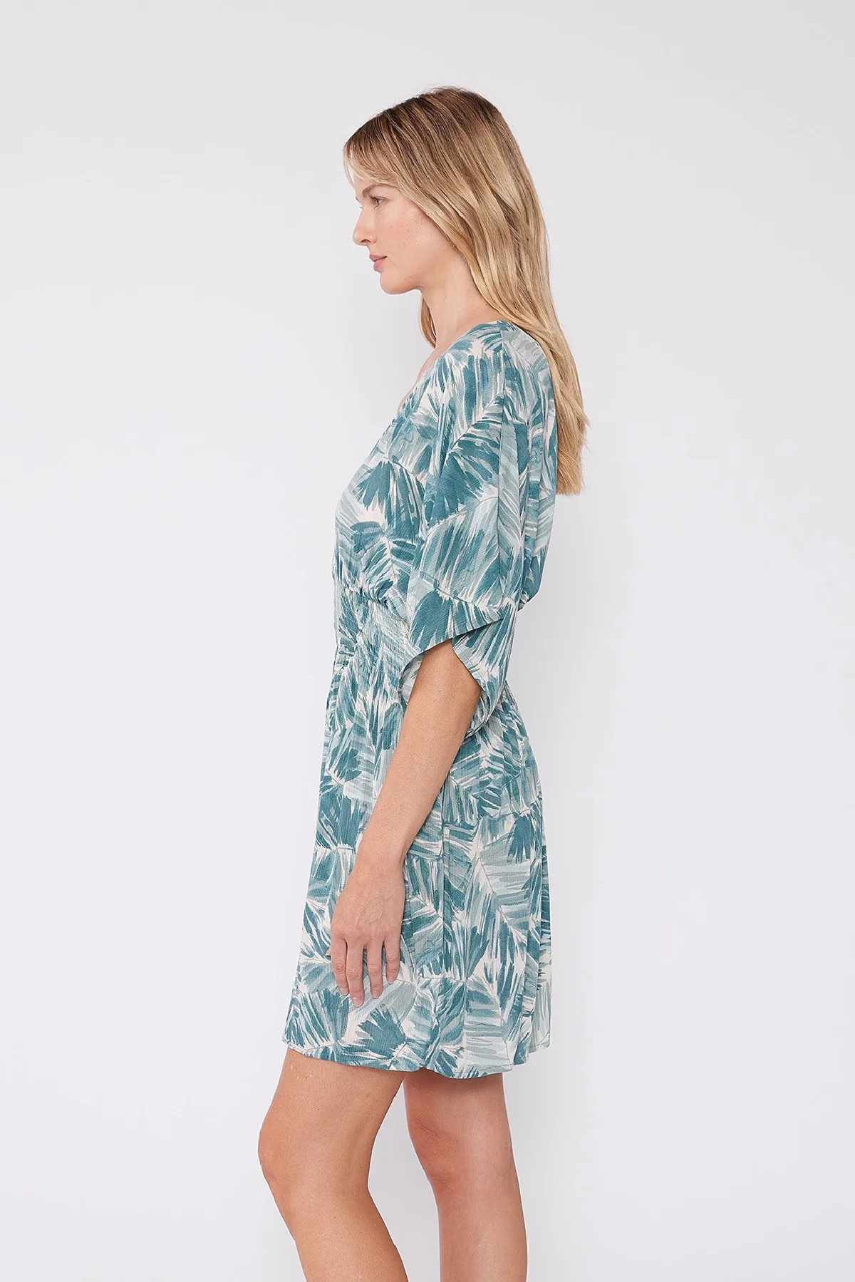 Ophelia Kimono Sleeve Tropical Print Mini Dress Teal