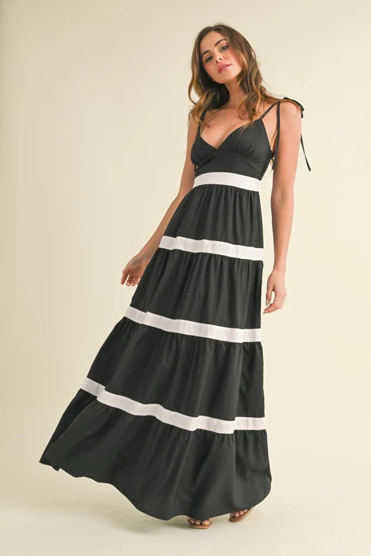 Jenny Sleeveless Shoulder Tie Stripe Print Maxi Dress Black