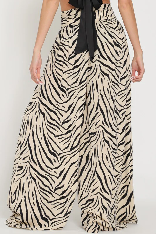 Waitlist 8/30 ♥ Alex High Waist Tie Zebra Print Wide Leg Pants Beige