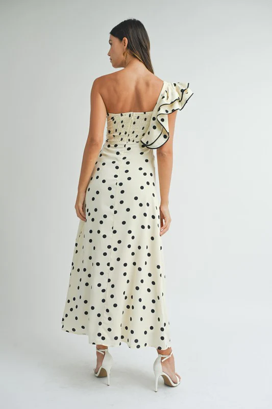 Monique One Shoulder Polka Dot Print Maxi Dress Cream