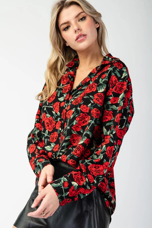 Iris Long Sleeve Rose Print Button Down Top Black
