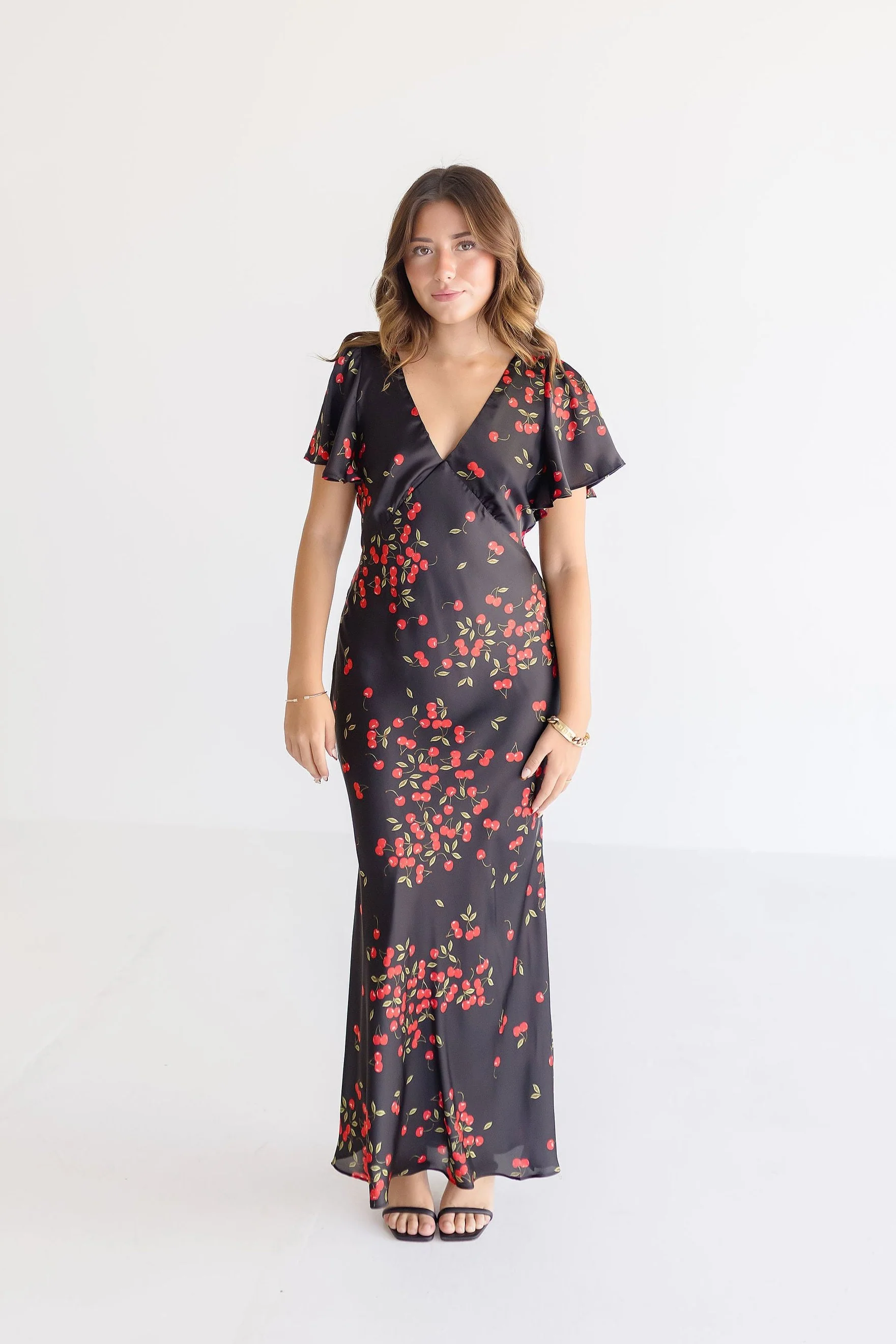 Valerie Short Flutter Sleeve Cherry Print Maxi Dress Black
