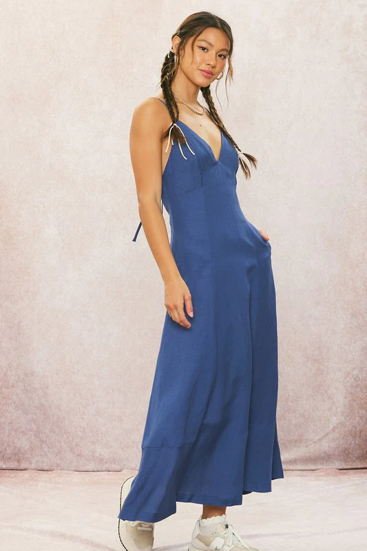 Britton Sleeveless Open Back Linen Maxi Dress Navy