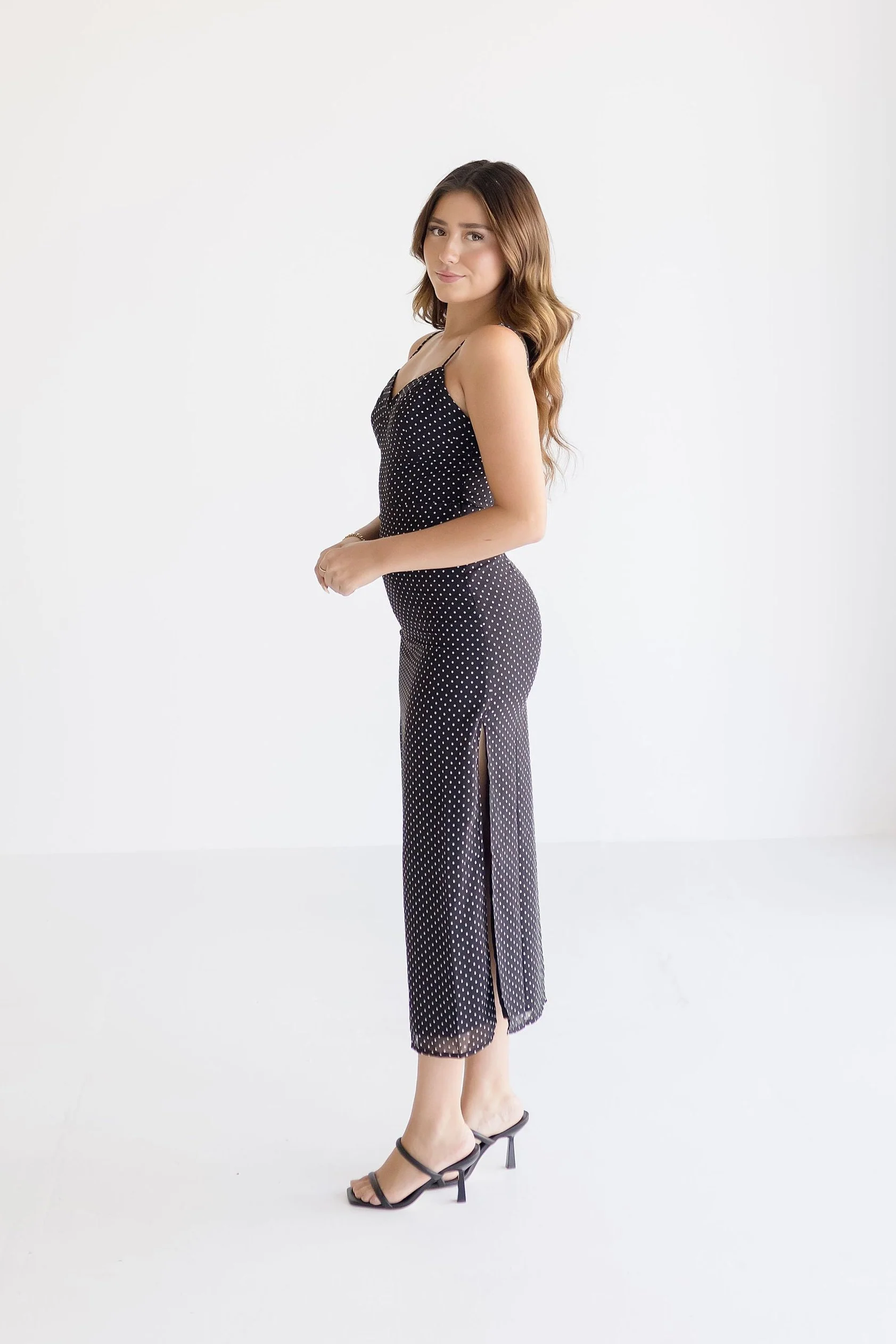 Eden Sleeveless Polka Dot Print Midi Dress Black