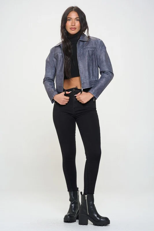 Avery Vegan Leather Cropped Bomber Jacket Navy