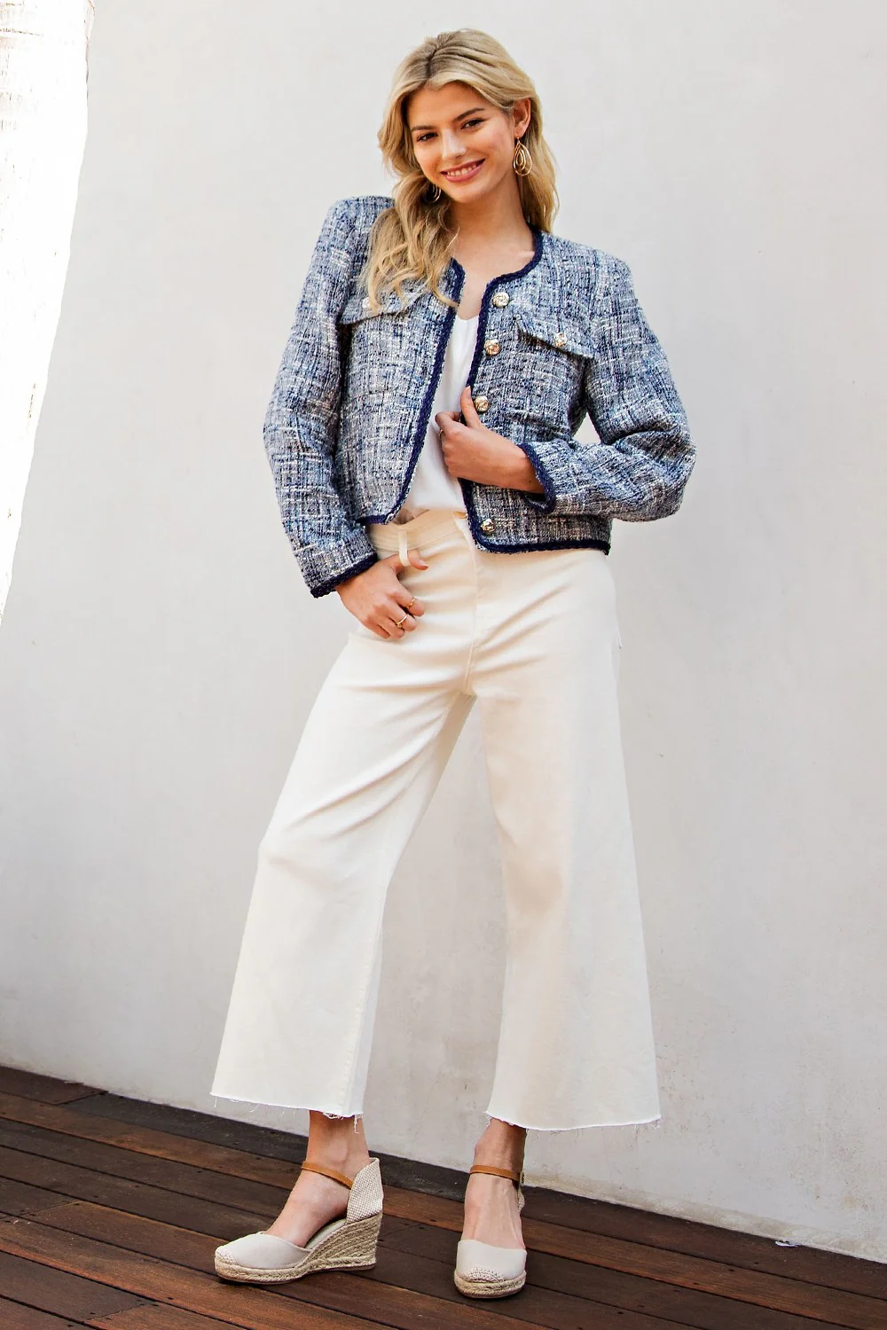 Steph Long Sleeve Tweed Button Down Jacket Blue