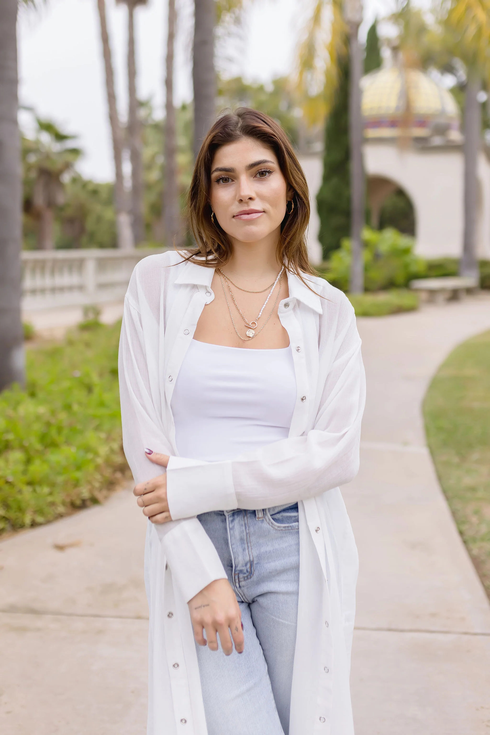 Donna Long Sleeve Snap Button Down Shirt Dress White